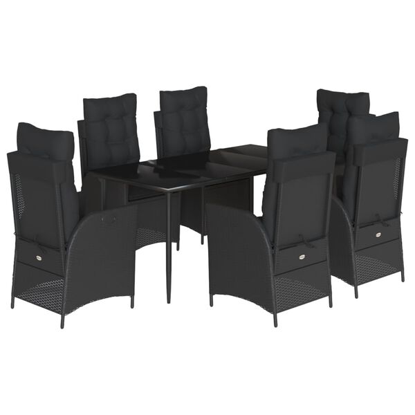 vidaXL 7 pcs conjunto de jantar p/ jardim c/ almofad&otilde;es vime PE preto