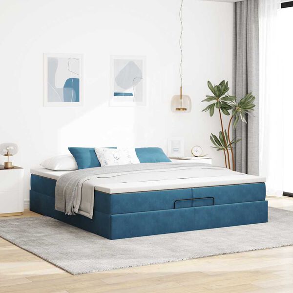 vidaXL Estrutura de cama otomana com colch&atilde;o azul escuro Veludo