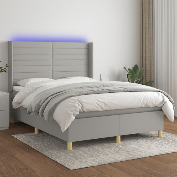 vidaXL Cama box spring c/ colch&atilde;o e LED 140x190 cm tecido cinza-claro
