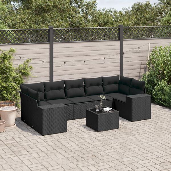 vidaXL 8 pcs conjunto sof&aacute;s de jardim com almofad&otilde;es vime PE preto