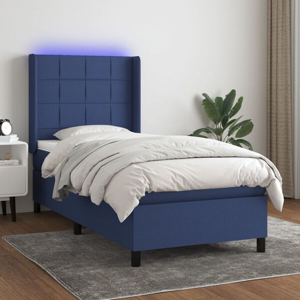 vidaXL Cama box spring c/ colch&atilde;o e LED 90x190 cm tecido azul