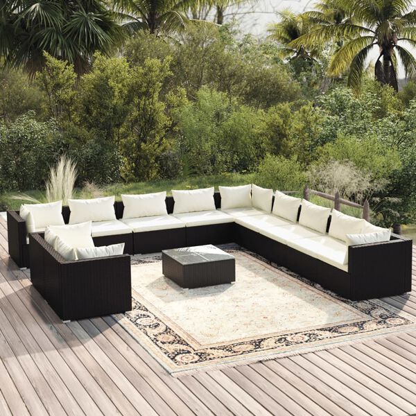 vidaXL 12 pcs conjunto lounge de jardim c/ almofad&otilde;es vime PE preto