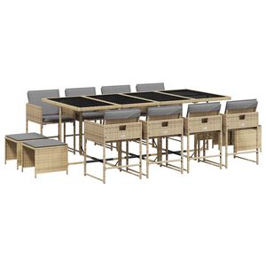 vidaXL 13 pcs conj. jantar jardim c/ almofad&otilde;es vime PE bege misturado