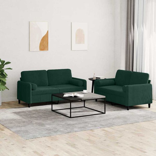 vidaXL 2 pcs conjunto de sof&aacute;s com almofadas veludo verde-escuro