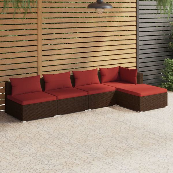 vidaXL 5 pcs conjunto lounge jardim c/ almofad&otilde;es vime PE castanho