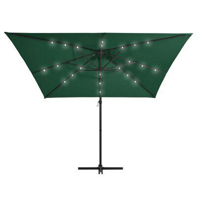 vidaXL Guarda-sol cantilever + luzes LED + mastro aço 250x250 cm verde