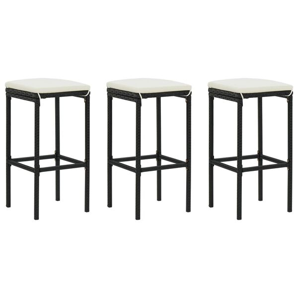 vidaXL Bancos de bar com almofad&otilde;es 3 pcs vime PE preto