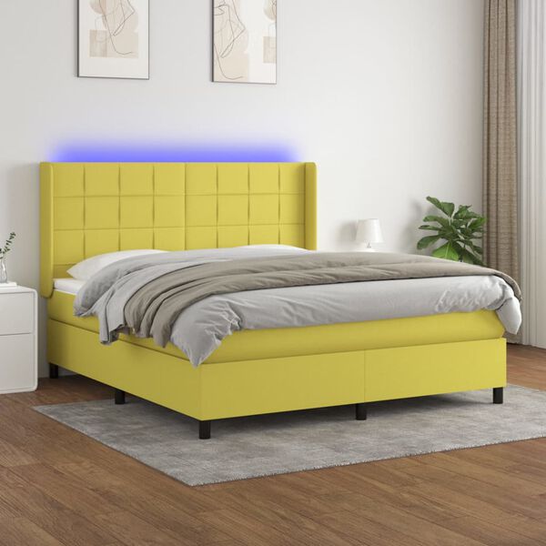 vidaXL Cama box spring c/ colch&atilde;o e LED 180x200 cm tecido verde