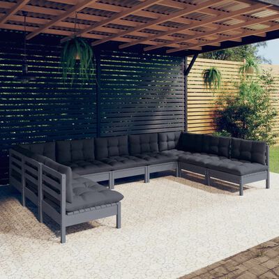vidaXL 9 pcs conjunto lounge de jardim + almofadões pinho maciço cinza