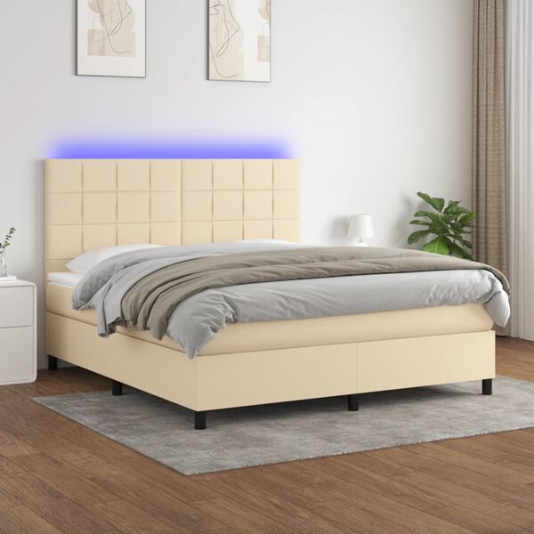 vidaXL Cama box spring c/ colch&atilde;o e LED 160x200 cm tecido cor creme