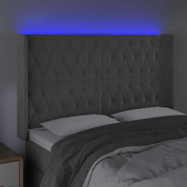 vidaXL Cabeceira cama c/ luzes LED veludo 163x16x118/128cm cinza-claro