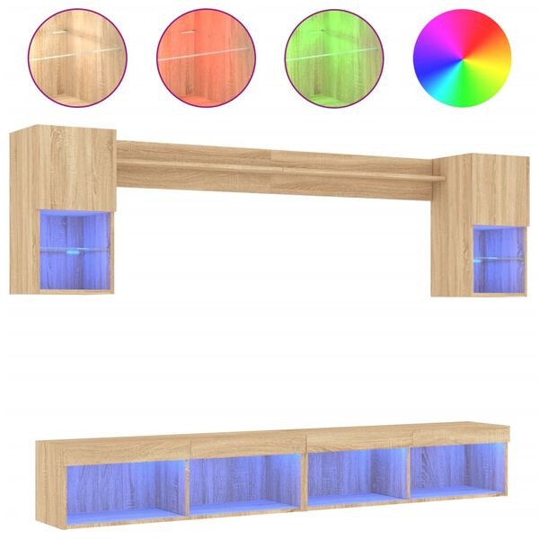 vidaXL 6pcs m&oacute;veis parede p/ TV c/ LEDs deriv. madeira carvalho sonoma