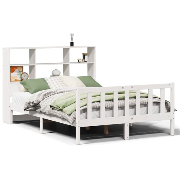 vidaXL Cama com estante sem colchão 120x200 cm pinho maciço branco
