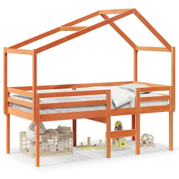 vidaXL Cama alta com telhado 90x200 cm pinho maci&ccedil;o castanho-mel