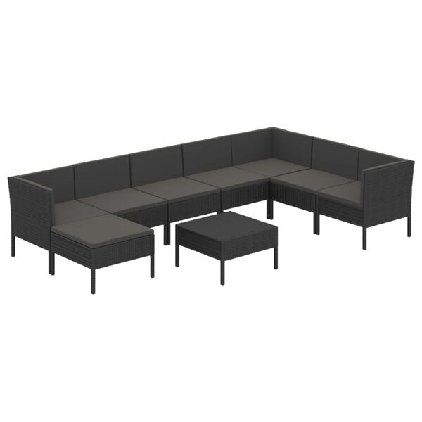 vidaXL 9 pcs conjunto lounge de jardim c/ almofad&otilde;es vime PE preto