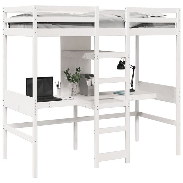 vidaXL Cama alta sem colch&atilde;o 90x190 cm pinho maci&ccedil;o branco