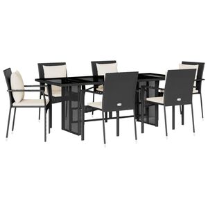 vidaXL 7 pcs conjunto de jantar p/ jardim c/ almofad&otilde;es vime PE preto