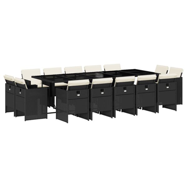 vidaXL 15 pcs conjunto de jantar p/jardim com almofad&otilde;es vime PE preto