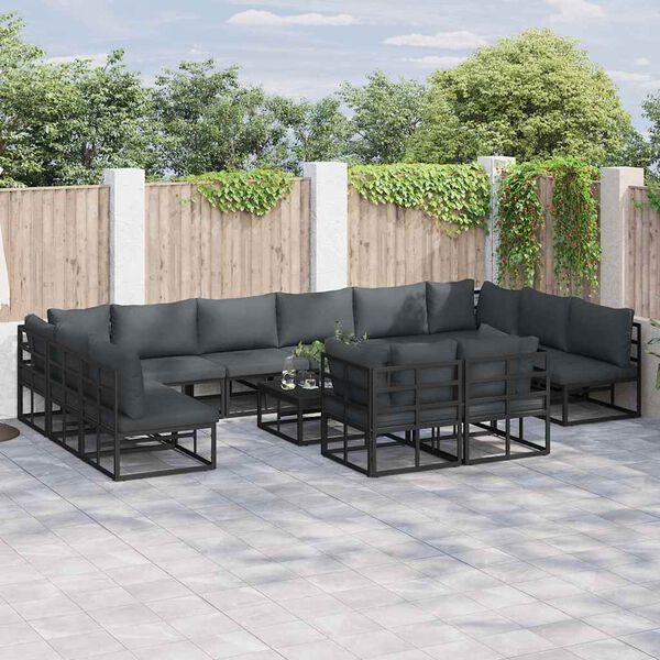 vidaXL Conjunto de Sofá de Jardim com almofada 12 pcs Preto Alumínio
