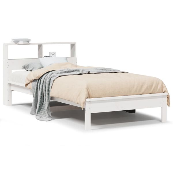 vidaXL Cama com estante sem colch&atilde;o 90x200 cm pinho maci&ccedil;o branco