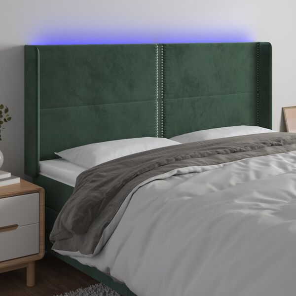 vidaXL Cabeceira de cama c/ LED veludo 163x16x118/128 cm verde-escuro