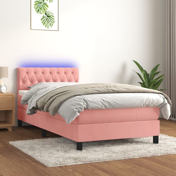 vidaXL Cama box spring c/ colch&atilde;o/LED 100x200 cm veludo rosa