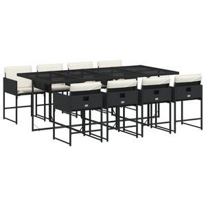 vidaXL 9 pcs conjunto de jantar p/ jardim c/ almofad&otilde;es vime PE preto