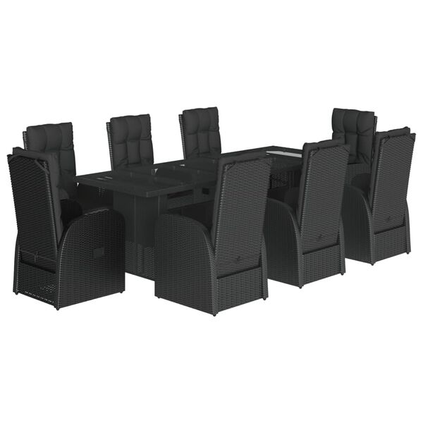 vidaXL 9 pcs conjunto de jantar p/ jardim c/ almofad&otilde;es vime PE preto