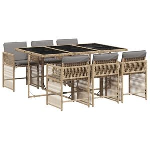 vidaXL 7 pcs conj. jantar jardim c/ almofad&otilde;es vime PE bege misturado