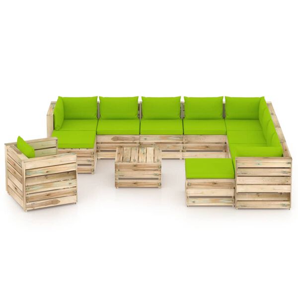 vidaXL 12 pcs conj. lounge jardim c/ almofad&otilde;es madeira impreg. verde