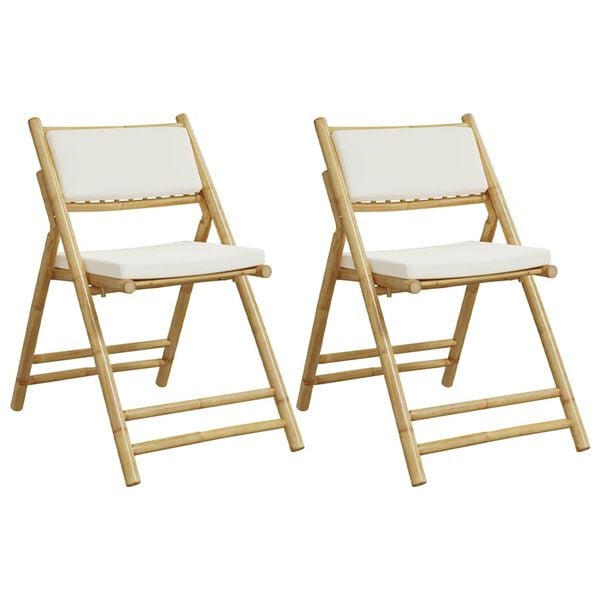 vidaXL 2 pcs cadeiras bistr&ocirc; dobr&aacute;veis c/ almofad&otilde;es branco nata bambu