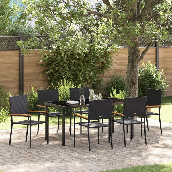 vidaXL Conjunto de Jantar para Jardim com almofada 7 pcs Preto vime PE