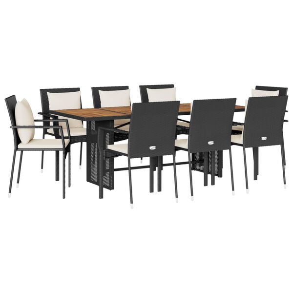 vidaXL 9 pcs conjunto de jantar p/ jardim c/ almofad&otilde;es vime PE preto