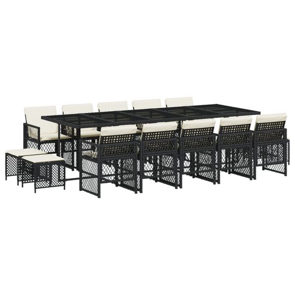 vidaXL 15 pcs conjunto de jantar p/jardim com almofad&otilde;es vime PE preto
