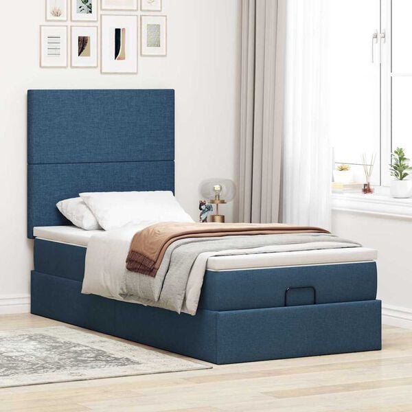 vidaXL Estrutura de cama otomana com colch&atilde;o tecido azul 80x200cm