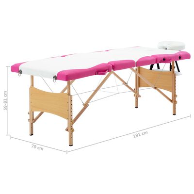 vidaXL Mesa de massagens dobrável 4 zonas madeira branco e rosa