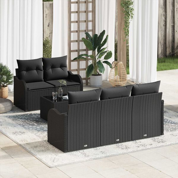 vidaXL Conjunto de Sof&aacute; de Jardim 6 pcs Preto Rattan e A&ccedil;o e Vidro