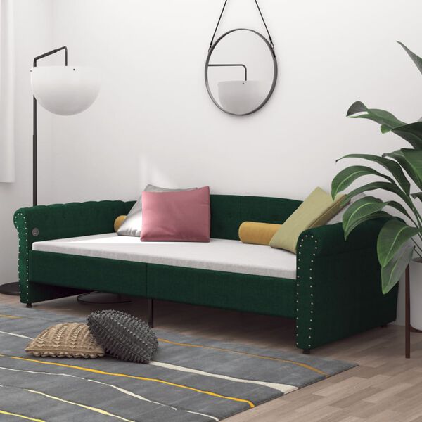 vidaXL Sof&aacute;-cama c/ colch&atilde;o e sa&iacute;da USB 90x200 cm tecido verde-escuro