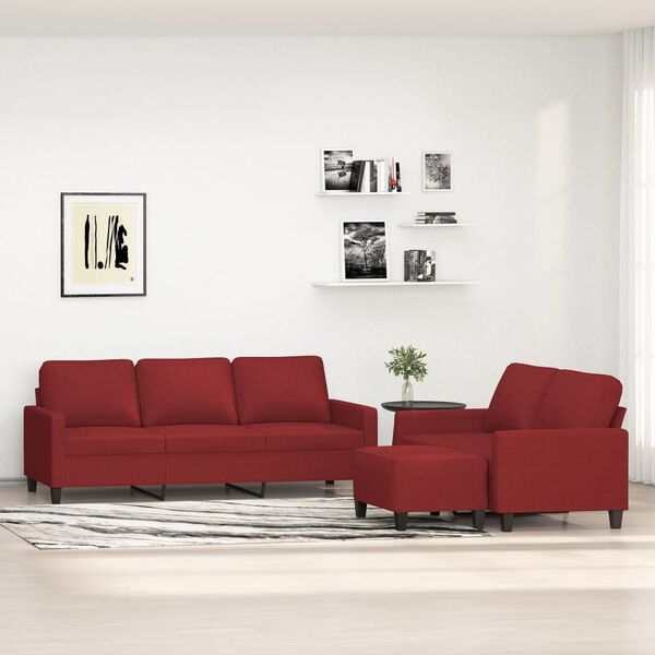 vidaXL 3 pcs conjunto de sof&aacute;s com almofad&otilde;es tecido vermelho tinto