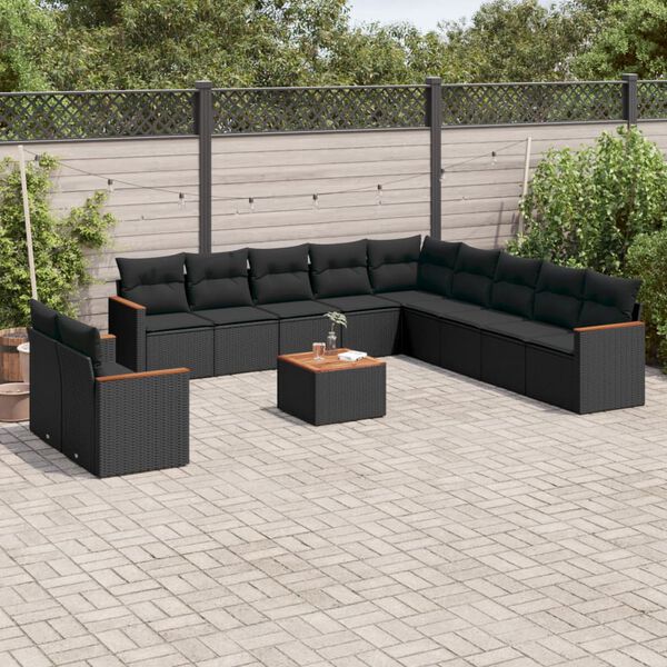 vidaXL 12 pcs conjunto de sof&aacute;s de jardim c/ almofad&otilde;es vime PE preto
