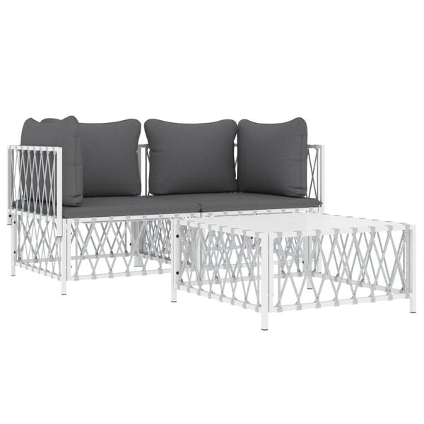 vidaXL 3 pcs conjunto lounge de jardim com almofadões aço branco