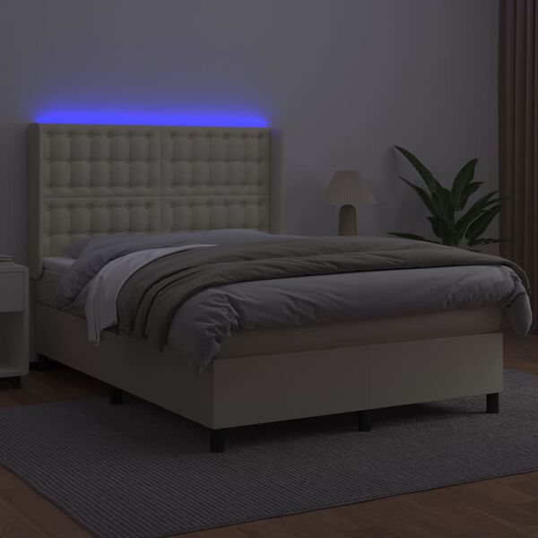 vidaXL Cama box spring c/ colch&atilde;o/LED 140x200cm couro artificial creme