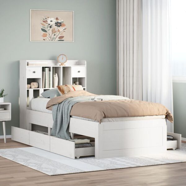 vidaXL Cama com estante sem colch&atilde;o 75x190 cm pinho maci&ccedil;o branco
