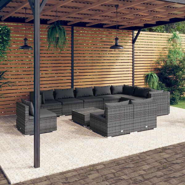 vidaXL 11 pcs conjunto lounge de jardim c/ almofad&otilde;es vime PE cinzento