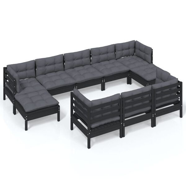 vidaXL 10 pcs conjunto lounge jardim c/ almofad&otilde;es pinho maci&ccedil;o preto