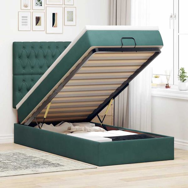 vidaXL Estrutura cama otomana colch&otilde;es 90x190cm veludo verde escuro
