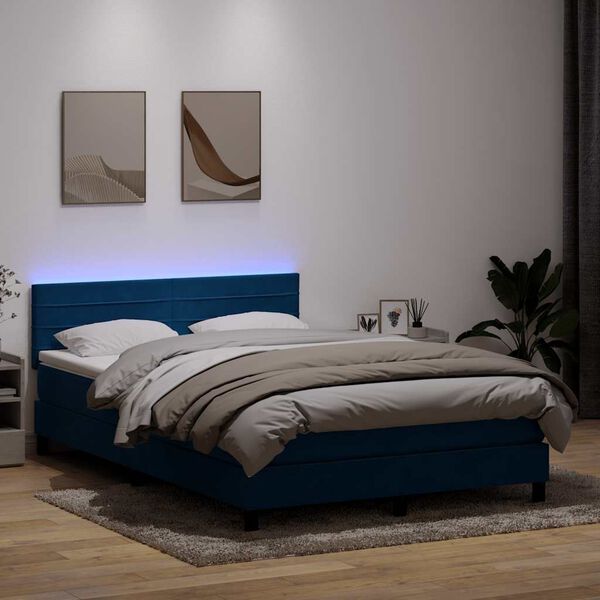 vidaXL Cama box spring c/ colch&atilde;o e LED 140x210 cm veludo azul-escuro