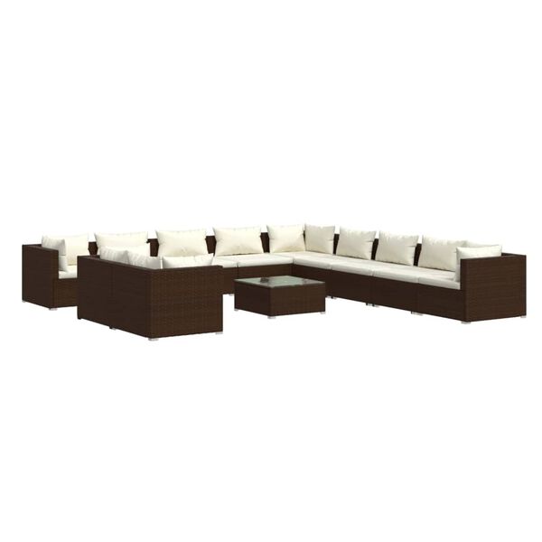 vidaXL 12 pcs conjunto lounge jardim c/ almofad&otilde;es vime PE castanho