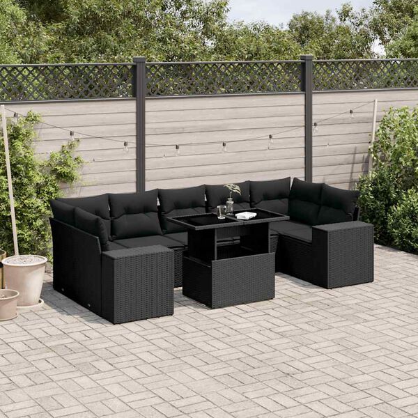 vidaXL 8 pcs conjunto sof&aacute;s de jardim com almofad&otilde;es vime PE preto