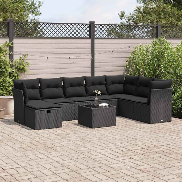 vidaXL 9 pcs conjunto de sof&aacute;s p/ jardim c/ almofad&otilde;es vime PE preto